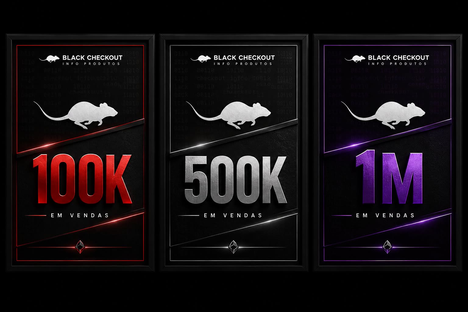Placas de premiação Black Checkout — 100K, 500K e 1M em vendas